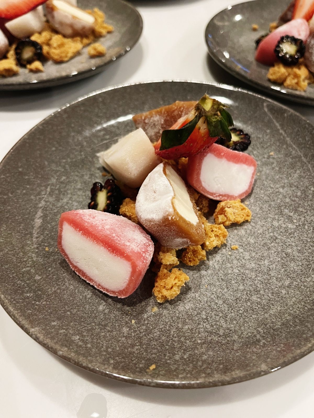 Mochi dessert with strawberries and blackberries
